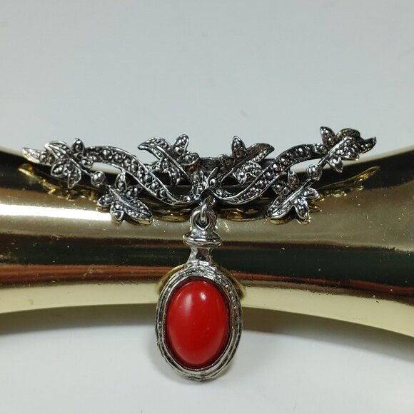 Antique Red Carnelian Stone Brooch or Hat Jewelry Silverplated in Bezel Setting - Picture 9 of 10